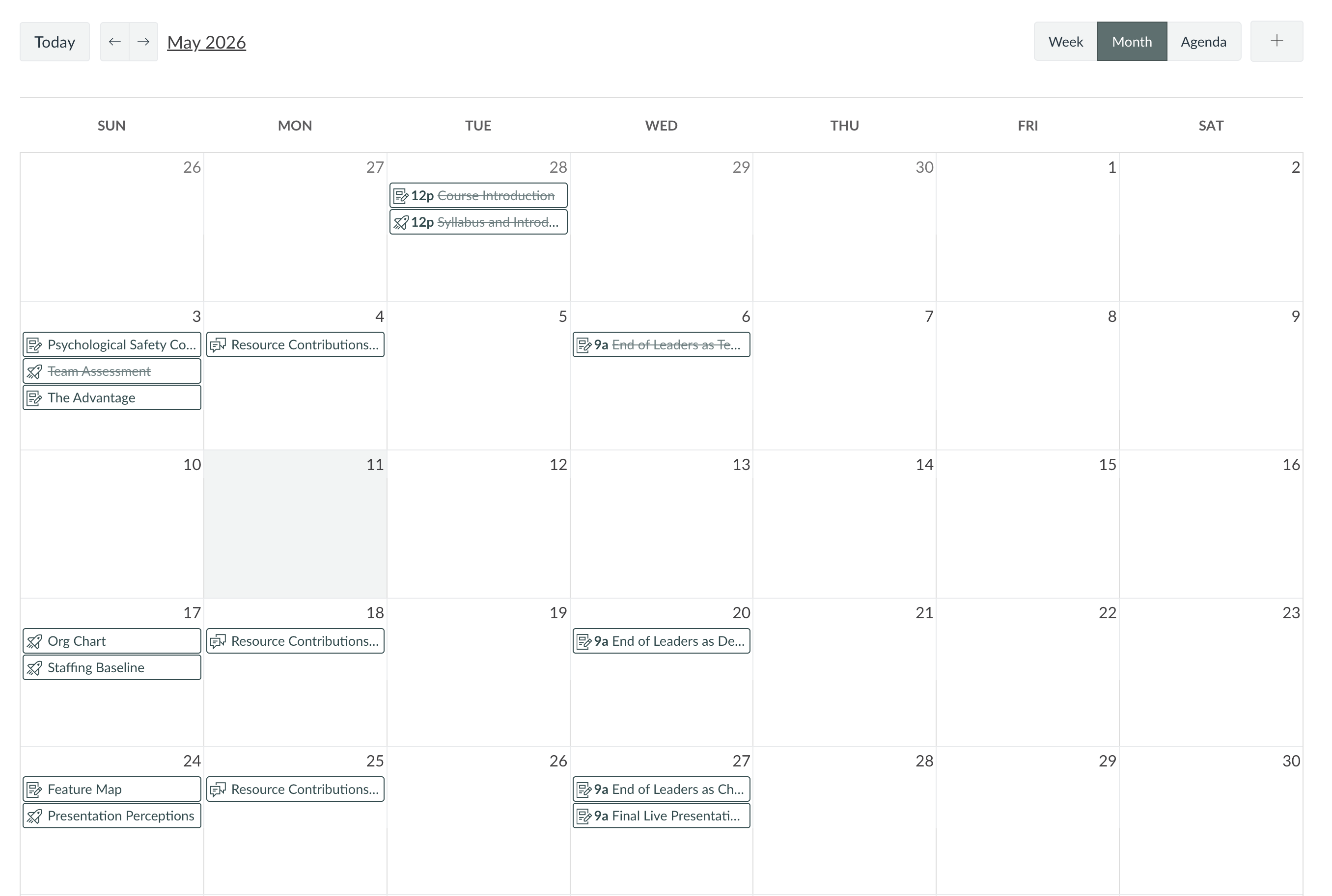 BUS 794 May 2026 course calendar showing assignment due dates and synchronous sessions